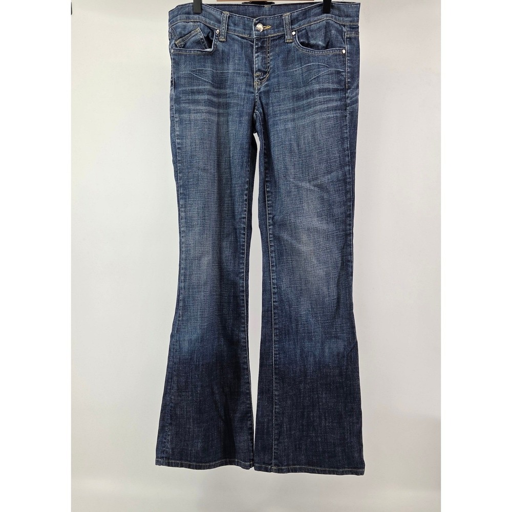 London Jeans Womens Size‎ 6 Flare Dark Wash Denim Low Rise Distressed Stretch